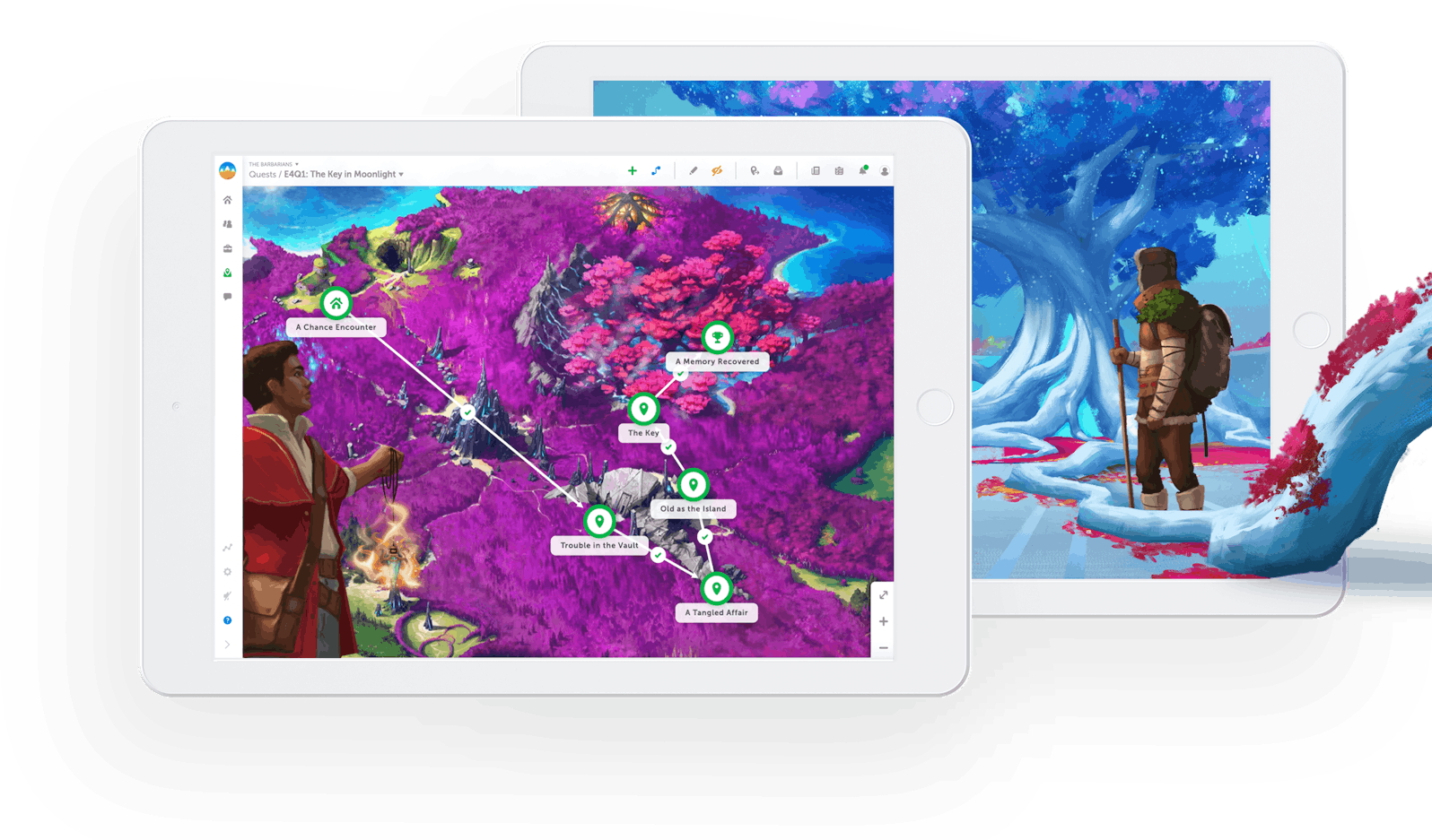 Devices showing a quest map in Classcraft as well as characters from Story Mode